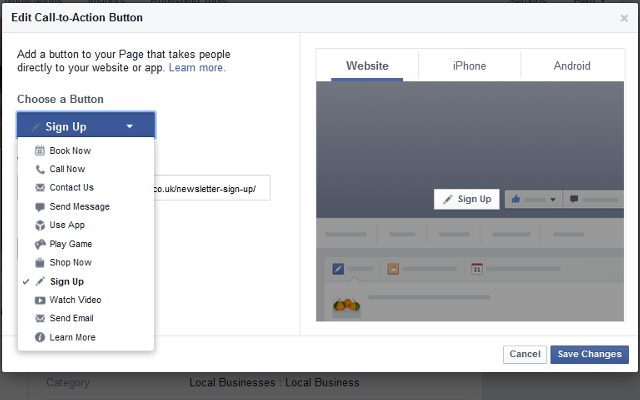 Facebook call to action button options