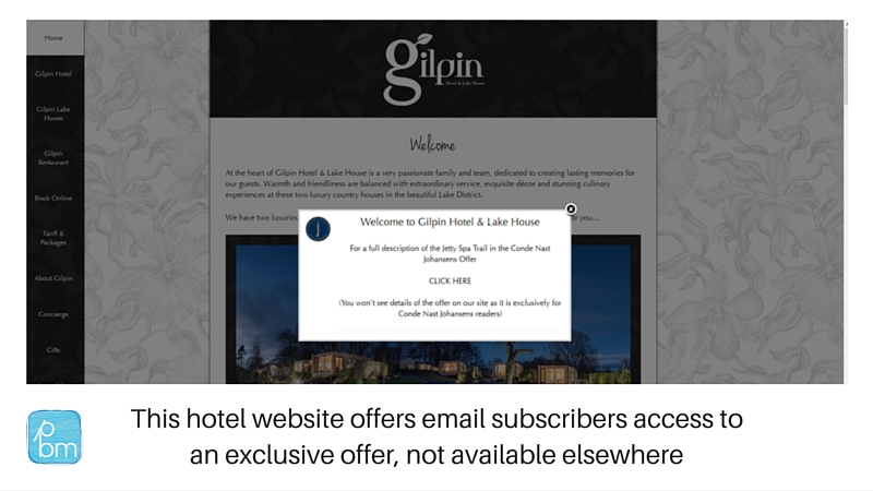 example of email sign-up form for Gilpin Hotel