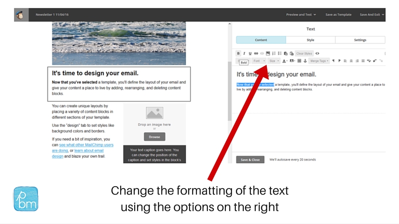 email marketing formatting text to bold and italics in Mailchimp